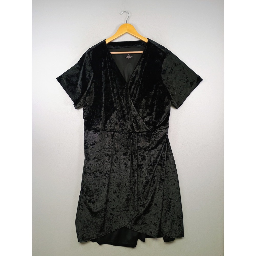 Goth Grunge EVRI Women 3X Black Crushed Velvet V-Neck Faux Wrap Plus Size Dress